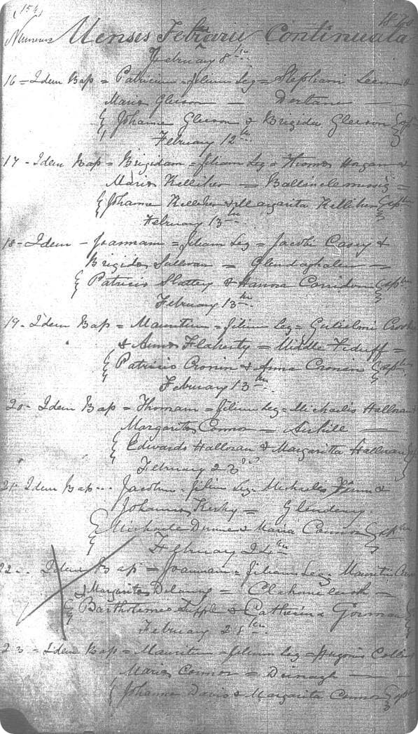 Baptismal record in Latin, Ballyheigue, County of Kerry, Catholic Parish Registersat the National Library of Ireland, http://registers.nli.ie, accessed June 2017.