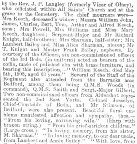 Funeral of William Keech in the Bedfordshire Mercury, 15 May 1903. 