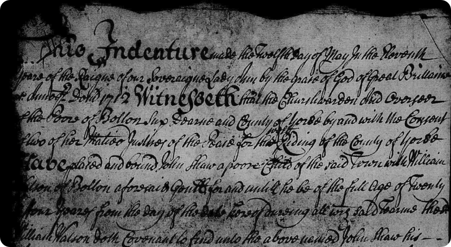 Apprenticeship Indenture between poor child John Shaw to William Watson until the age of 27.