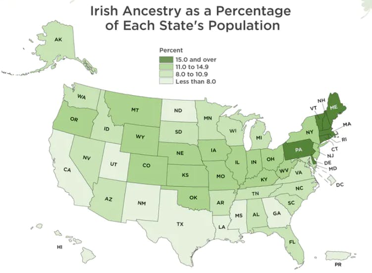 A map of Irish ancestry in the US, with data taken from the 2020 US Census.