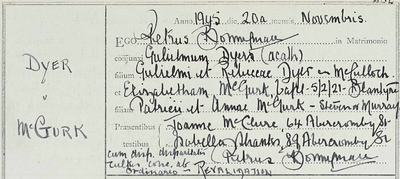 An example of a marriage record from St. Mary's Church of the Assumption, Glasgow. 