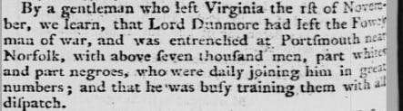 Lord Dunmore's Ethiopian Regiment in newspaper reports from the time