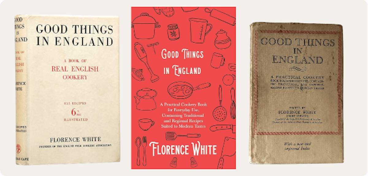 Various editions of Good Things in England, which is still in print today.