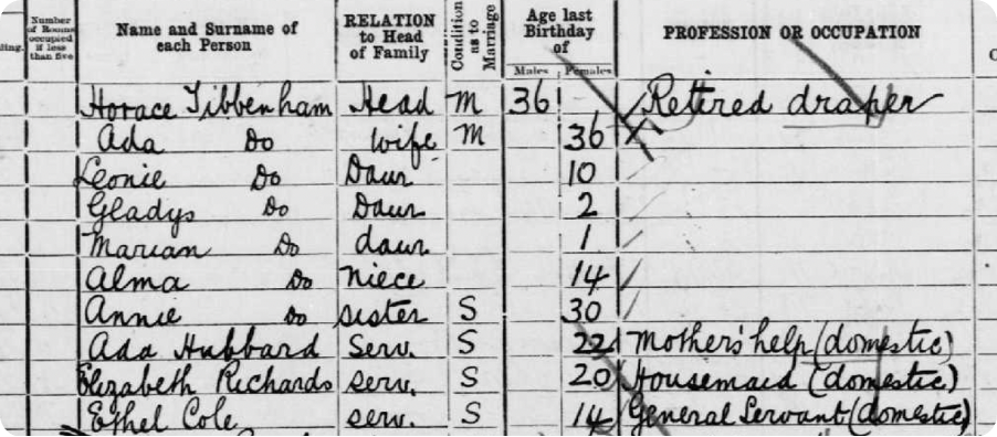 Alma living with her aunt, uncle and cousins in the 1901 Census. 