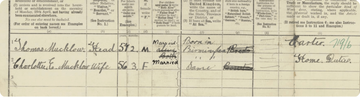 A sample of Thomas Mucklow’s handwriting from the 1921 Census. 