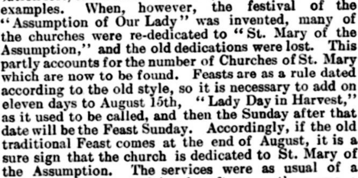 An article discussing the Catholic holiday, the Assumption of Mary, and its dedicated churches, Bedfordshire Mercury, 1902.