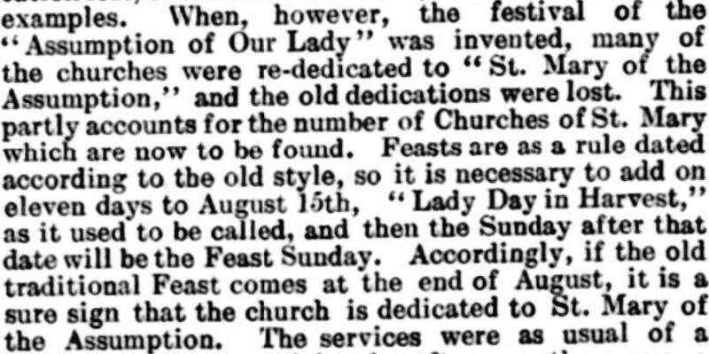 An article discussing the Catholic holiday, the Assumption of Mary, and its dedicated churches, Bedfordshire Mercury, 1902.