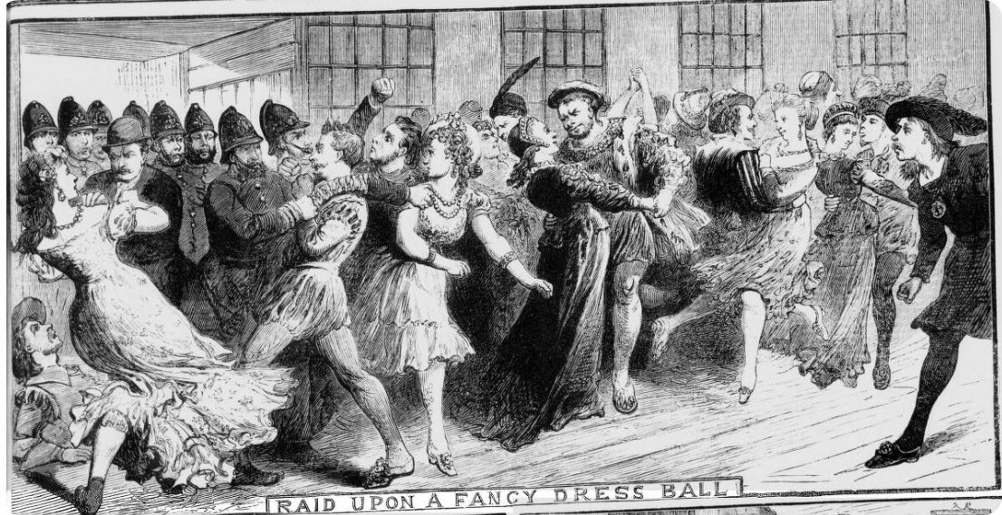 A police raid on a masked ball, Illustrated Police News, 1880.