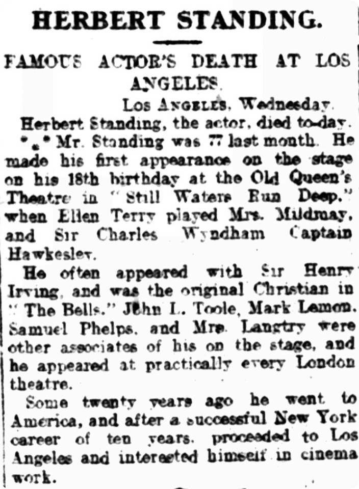 Newspaper announcing the death of the actor Herbert Standing in 1923.