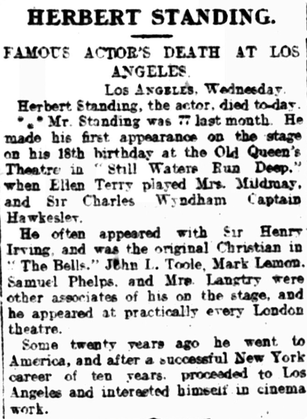 Newspaper announcing the death of the actor Herbert Standing in 1923.