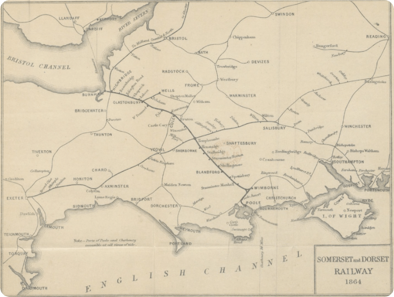 An 1864 railway map of Poole, Dorset, courtesy of the British Library.