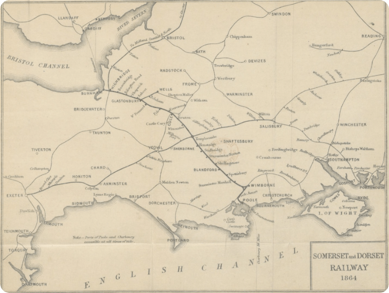 An 1864 railway map of Poole, Dorset, courtesy of the British Library. 