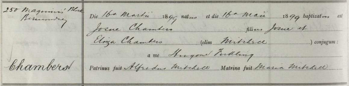 An example of an English Roman Catholic baptism record, with both parents names. View this record here.