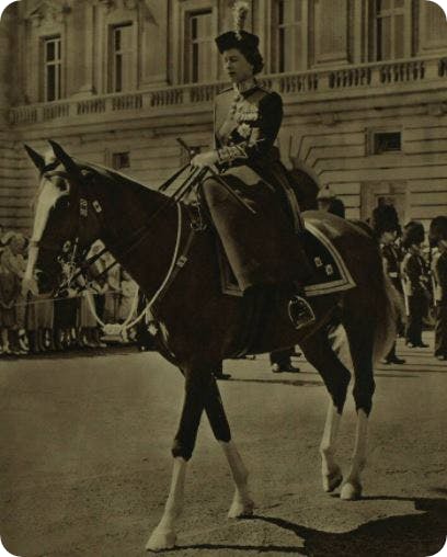 The Queen riding a horse, 1957