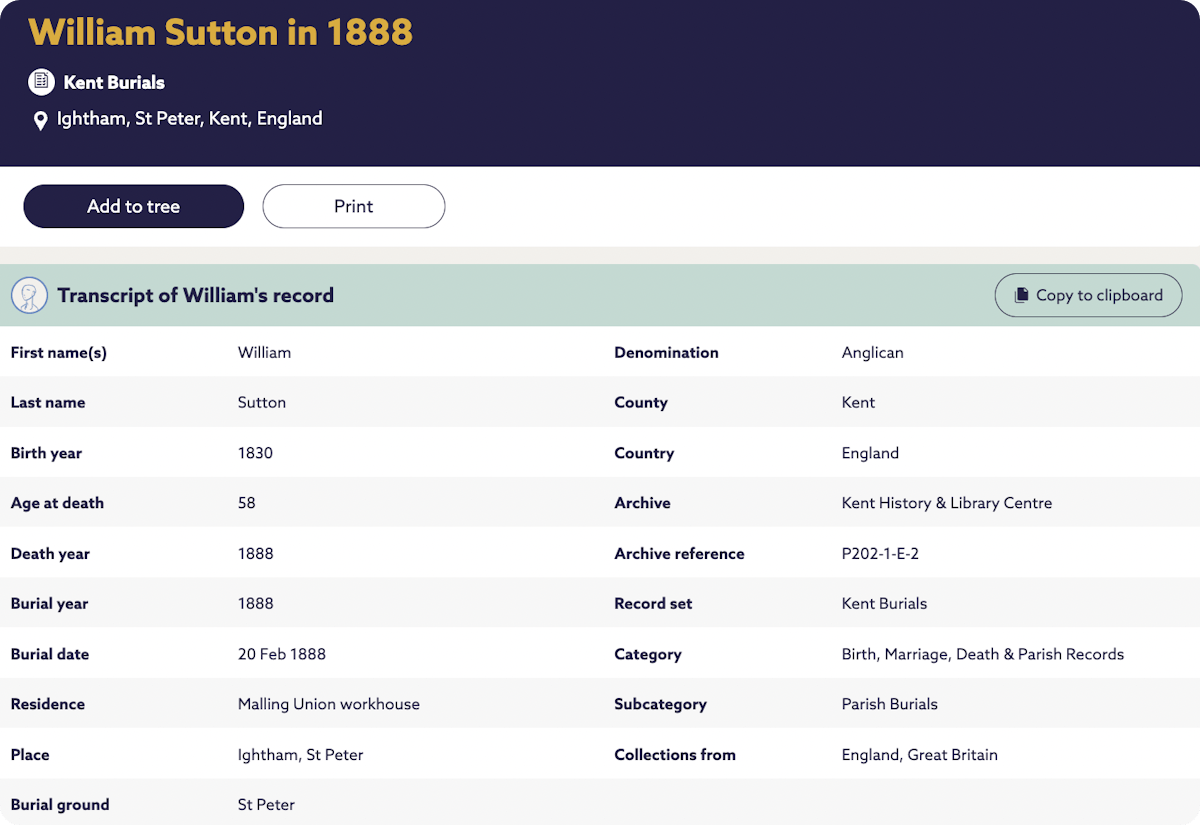 Burial record of WIlliam Sutton