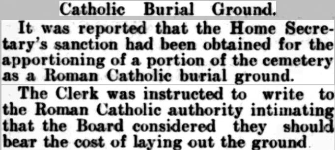 A notice about the portioning of a Roman Catholic burial ground, Uttoxeter Advertiser and Ashbourne Times, 1909. 