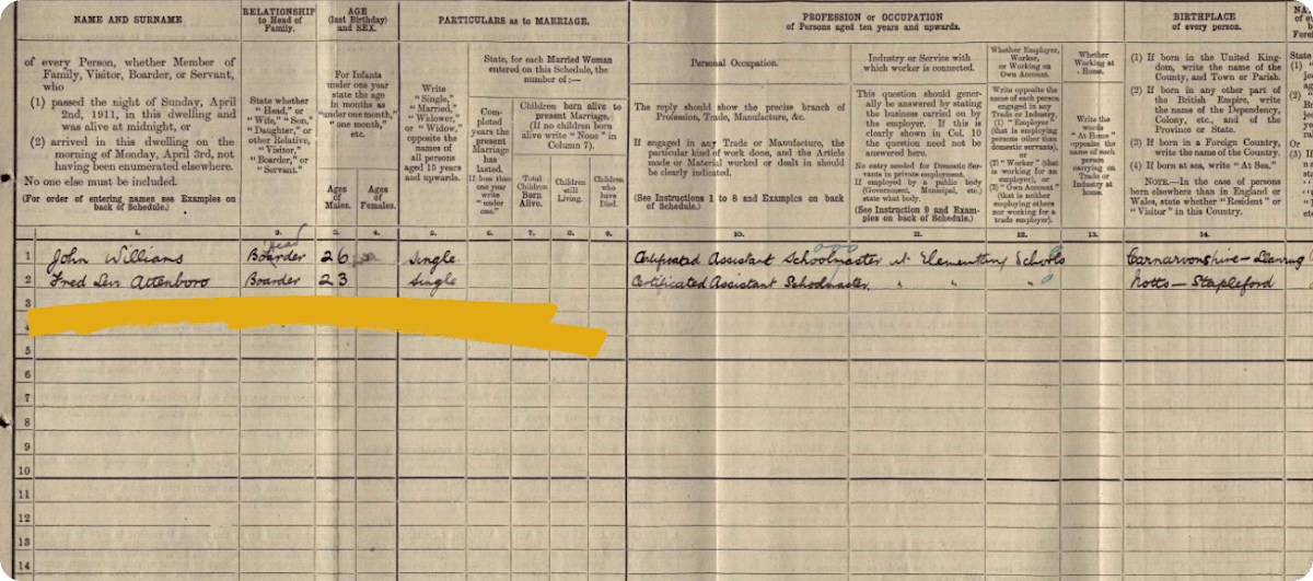 Frederick Levi Attenborough in the 1911 Census. 