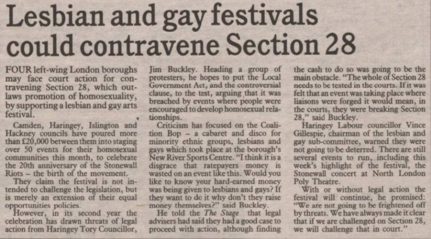 Conflict between LGBTQ+ events and local councils is reported on on the 20th anniversary of the Stonewall Riots, The Stage, 1989.