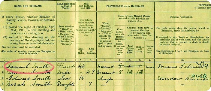 Samuel Smith 1911 census