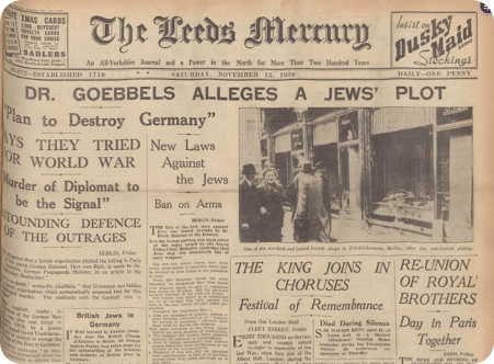 Newspaper article from 1938, reporting on hateful rhetoric used by Goebbels about Jews.