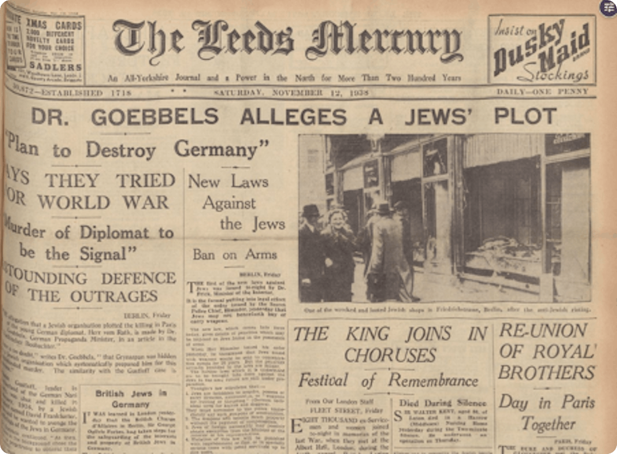 Newspaper article from 1938, reporting on hateful rhetoric used by Goebbels about Jews.
