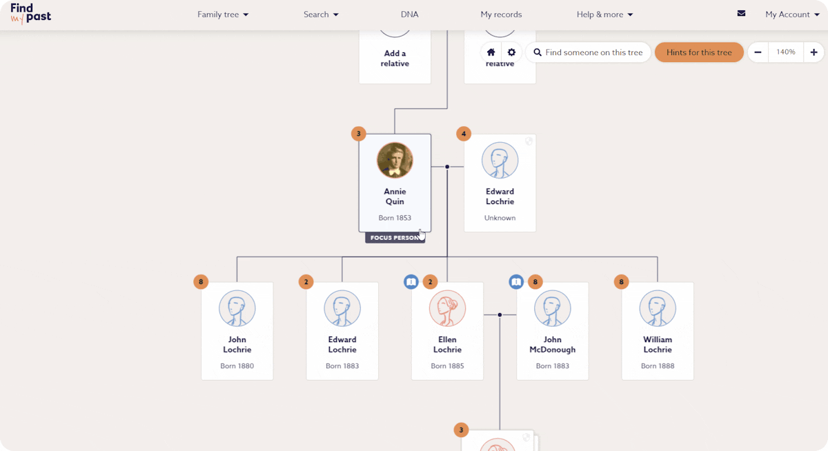 Viewing a timeline on Findmypast's family tree builder.
