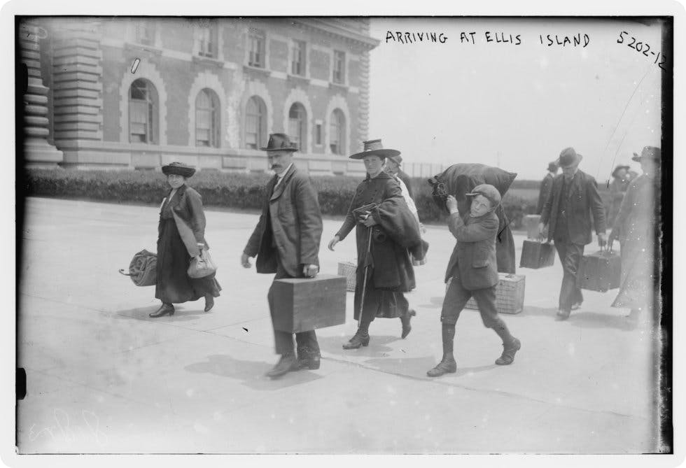 European migrants arriving at Ellis Island, New York, in 1915.