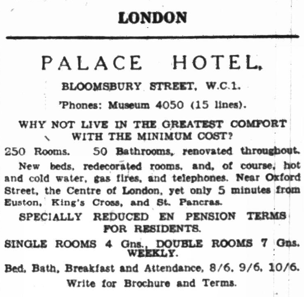 An advertisment for the Palace Hotel, found in the Yorkshire Post and Leeds Intelligencer, 1936.