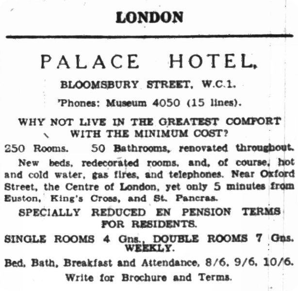An advertisment for the Palace Hotel, found in the Yorkshire Post and Leeds Intelligencer, 1936.