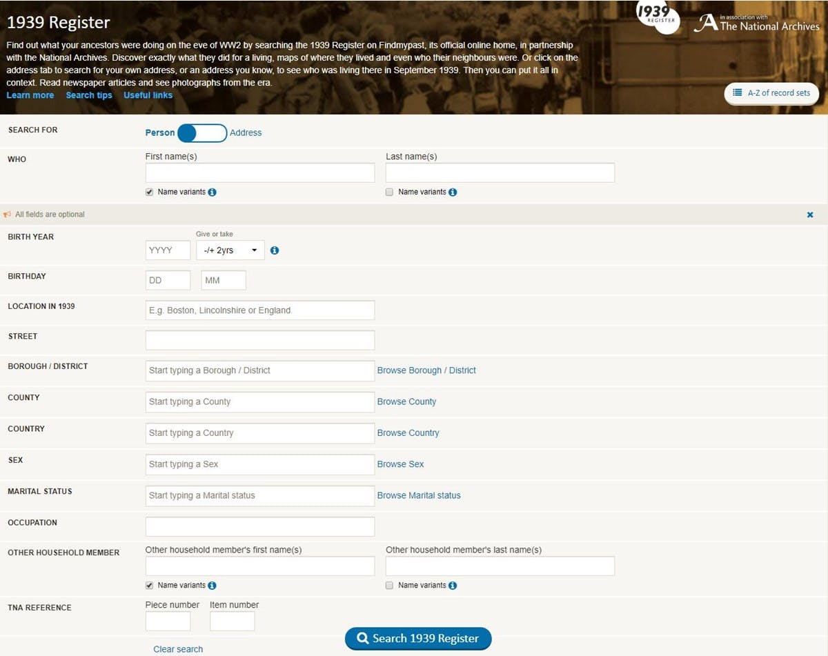 Screenshot of the form that can be used to search for an address in the 1939 on Findmypast register