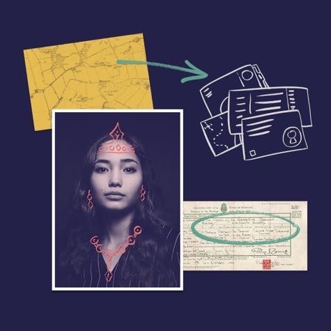 Collage of a record, vintage map and a woman with jewellery drawn on her