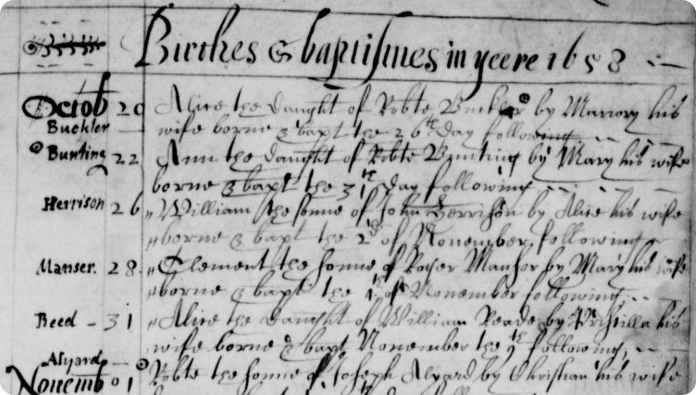 Many early baptism records, like this one from Norfolk in 1658, were written in Latin. 