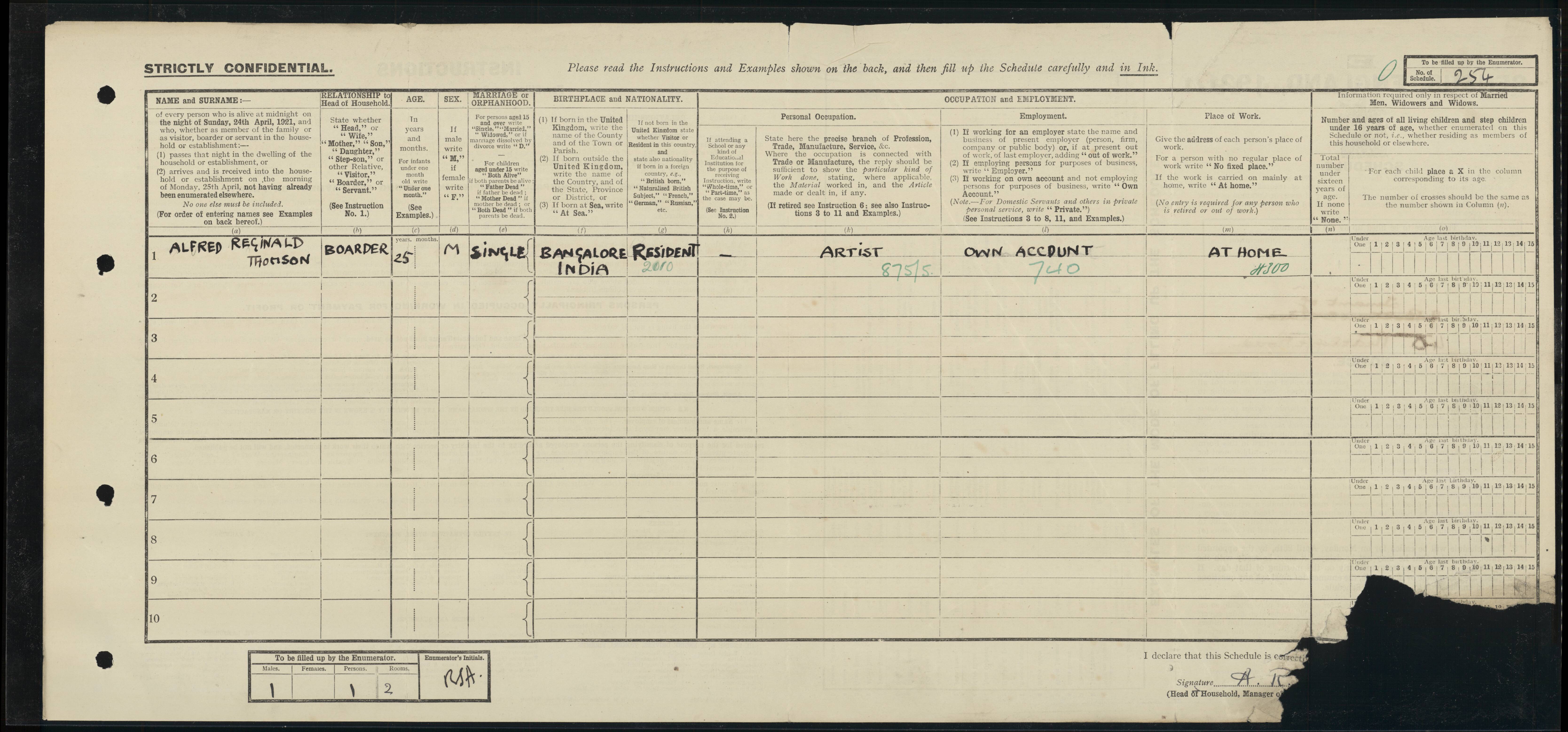 Alfred Reginald Thomson's 1921 Census record.
