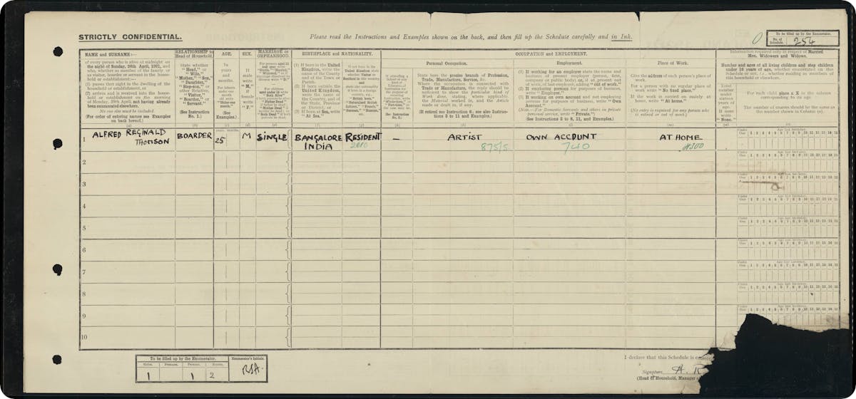 Alfred Reginald Thomson's 1921 Census record.