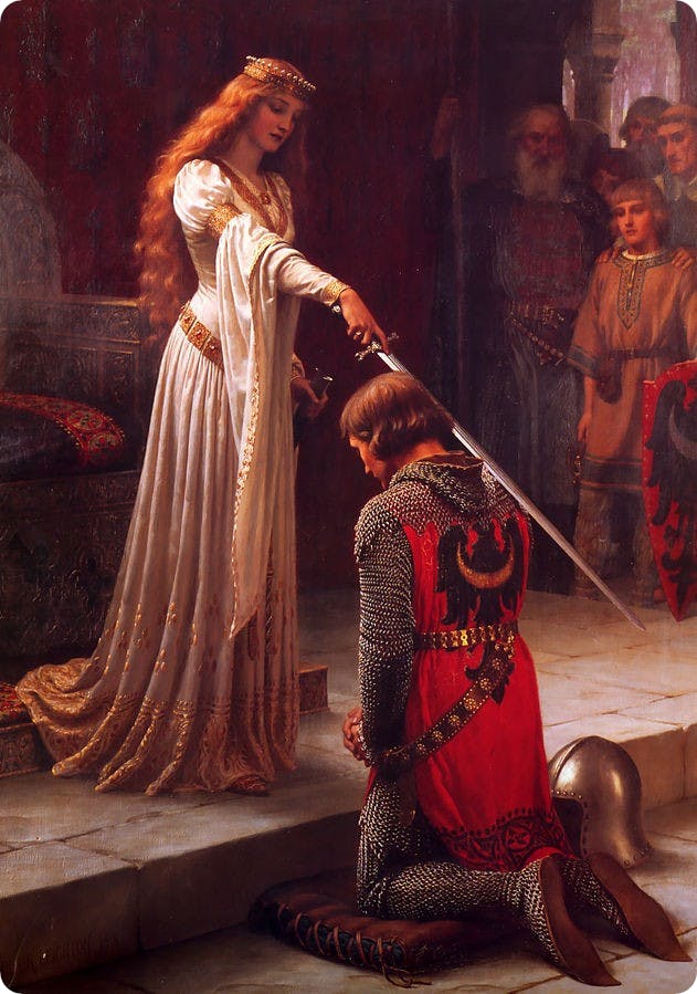 A painting by Edmund Leighton depicting a fictional scene of a knight receiving an accolade