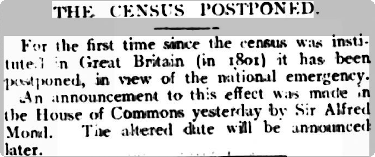 'The Census Postponed', The Millom Gazette, 15 April 1921.