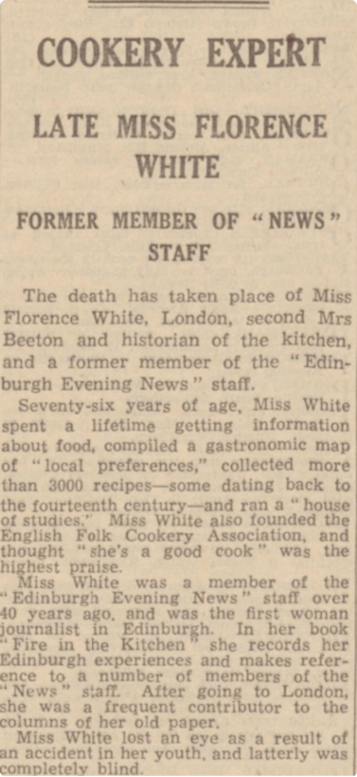 Florence's obituary in the Edinburgh Evening News, 16 March 1940.