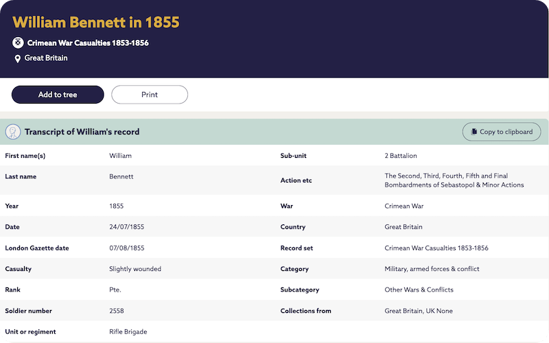 The record of Private William Bennett, 1855