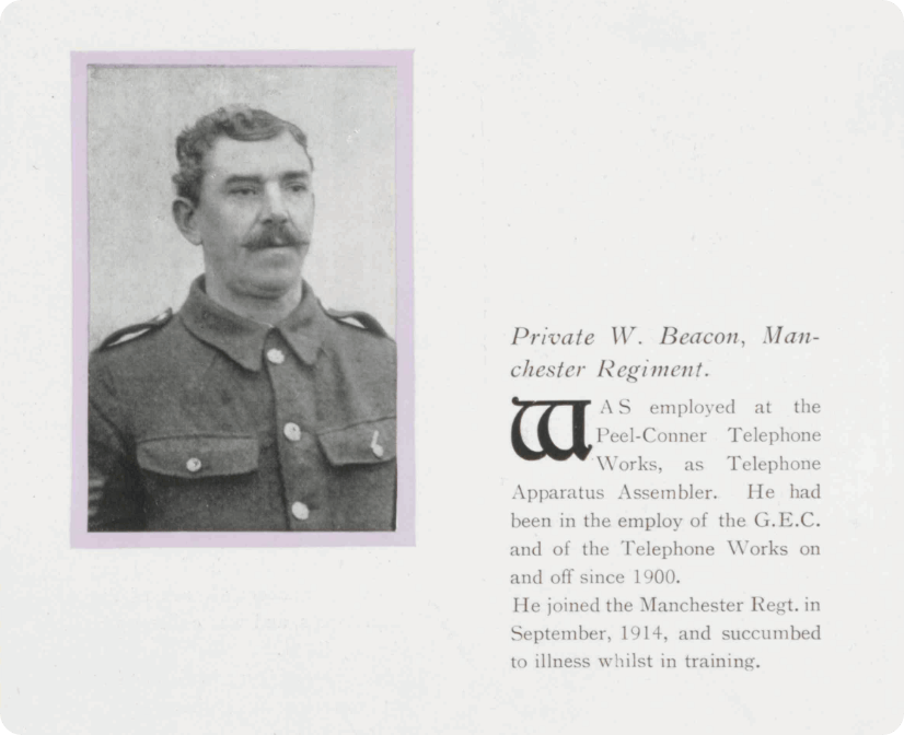 Private W. Beacon, listed in the Coventry Roll of Honour