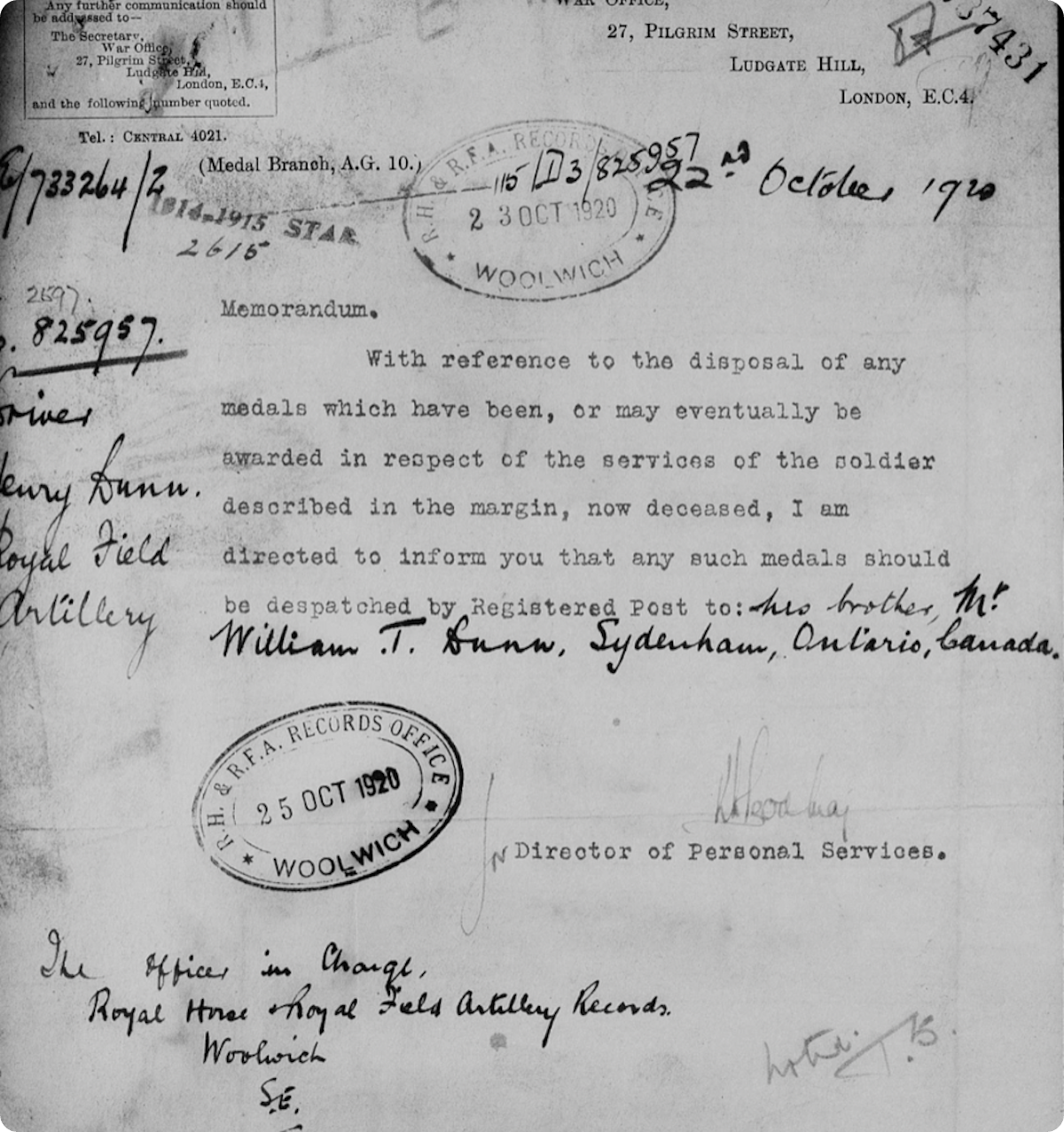 Harry’s service record confirms that his medals were sent to William in Canada.
