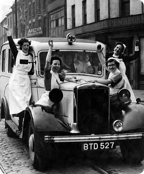 Nurses celebrating on VE Day, 1945