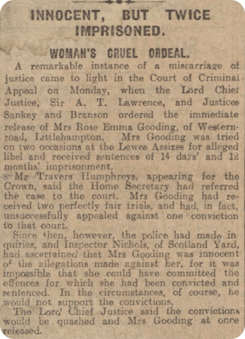 Rose’s conviction found to be a ’miscarriage of justice’ in the Hull Daily Mail, 26 July 1921.