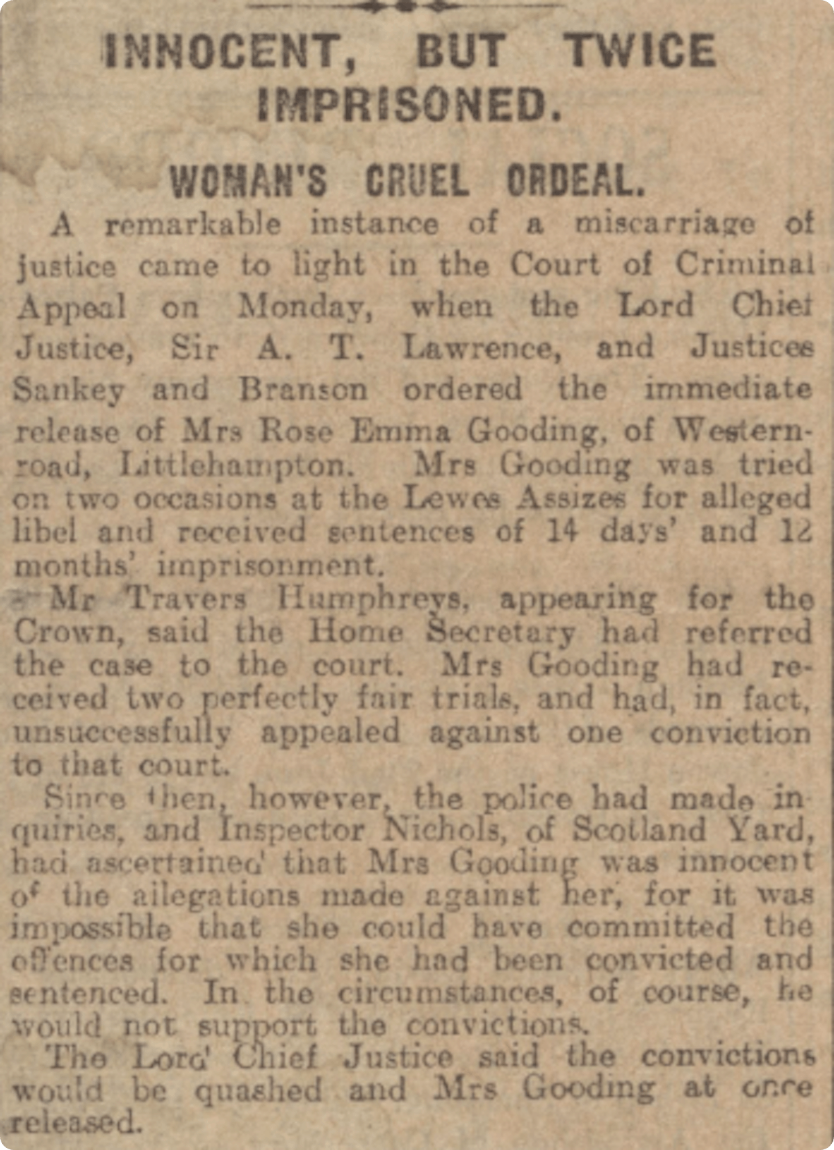 Rose’s conviction found to be a ’miscarriage of justice’ in the Hull Daily Mail, 26 July 1921.