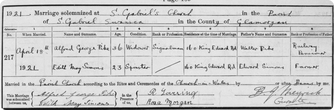 Gareth Bale's family tree - marriage register