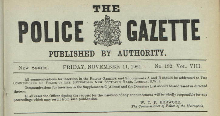 The cover of the Police Gazette, issue 132, from November 1921.