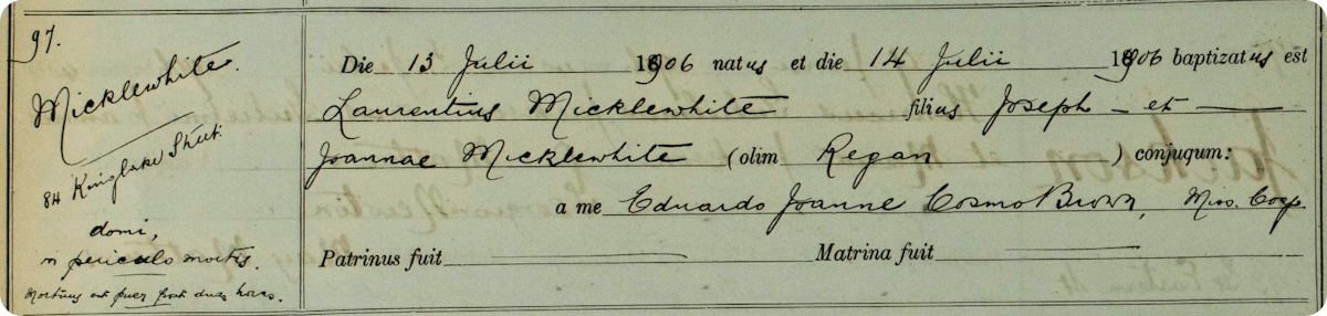 Lawrence Micklewhite's baptism record. 