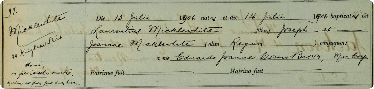 Lawrence Micklewhite's baptism record.