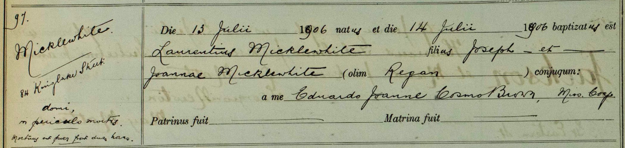 Lawrence Micklewhite's baptism record. 