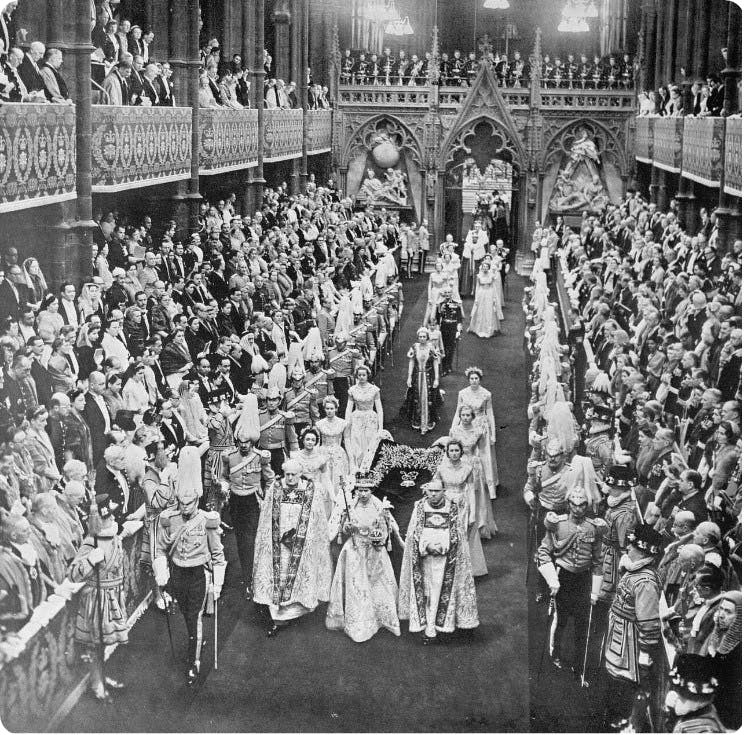 The newly crowned Queen Elizabeth II leaves Westminster Abbey. The Sphere, 6 June 1953.