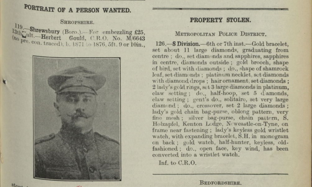 A portrait of a Herbert Gould, wanted for embezzlement, in October 1921.